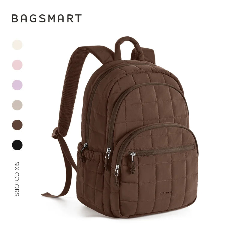 A brown quilted casual backpack with a dark brown strap and zipper details.