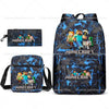 A dark blue Minecraft themed backpack and a matching zippered pouch with minifigures.