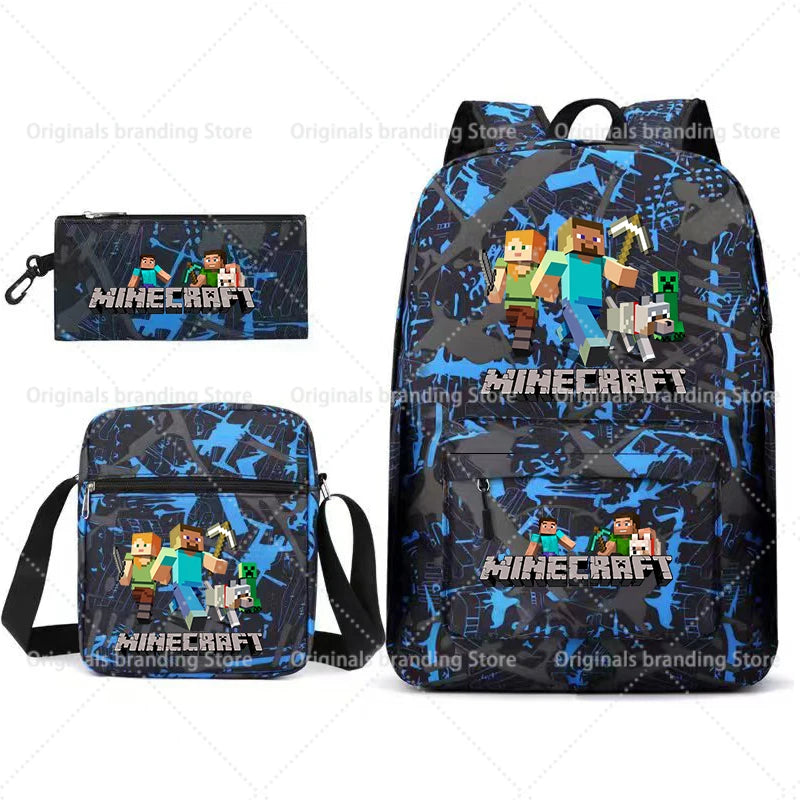 A dark blue Minecraft themed backpack and a matching zippered pouch with minifigures.