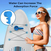 A woman holds a blue kayak drink holder and phone stand against a white surfboard, demonstrating its function.