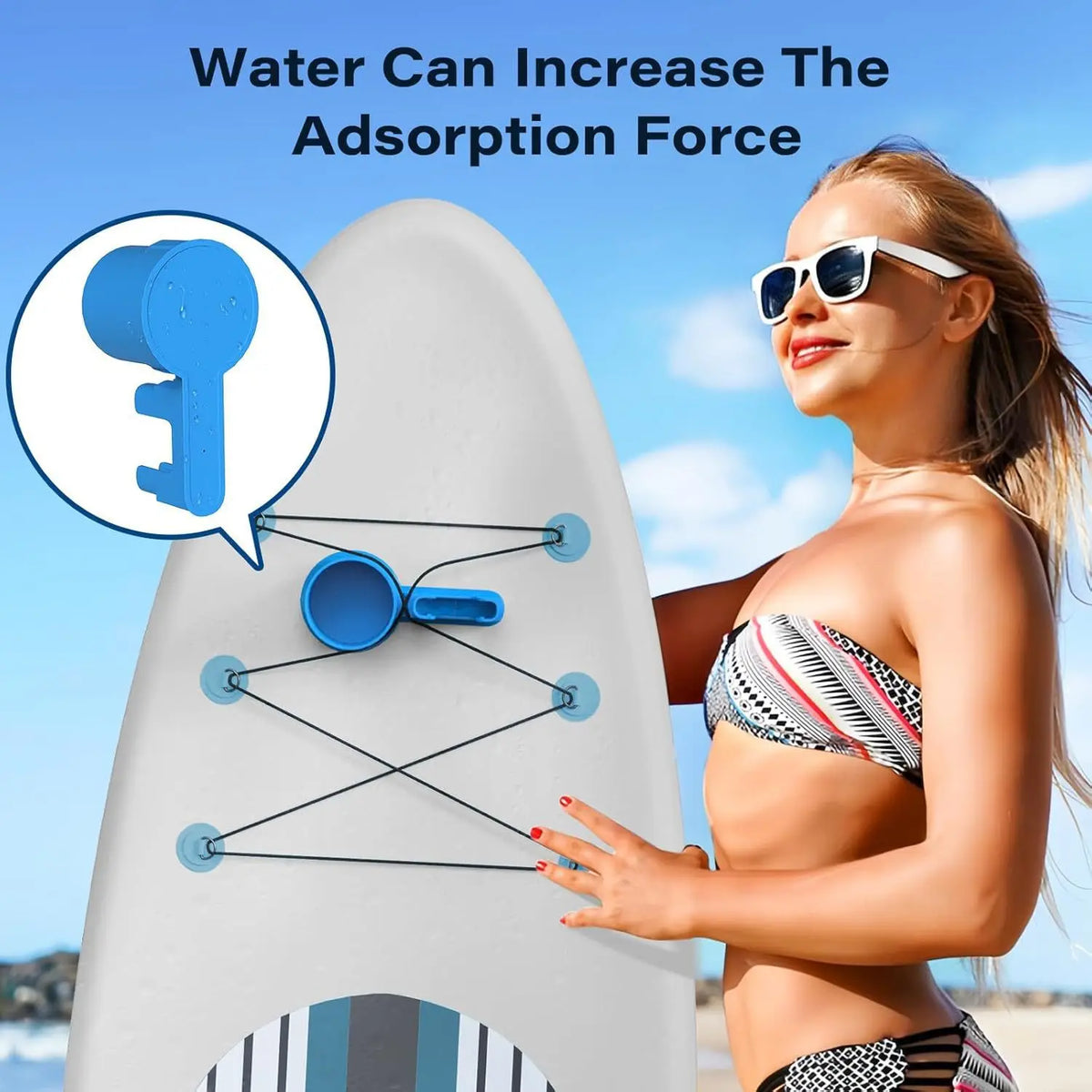 A woman holds a blue kayak drink holder and phone stand against a white surfboard, demonstrating its function.