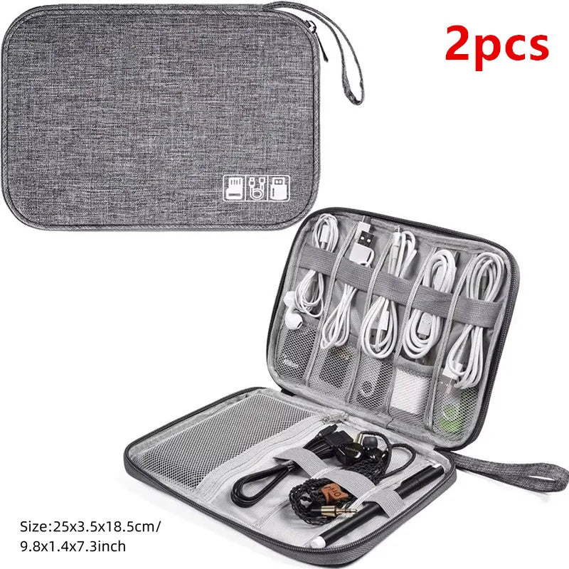 Two gray portable digital organizer storage pouches, one zippered and one open for accessories.