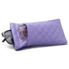 A purple quilted PU leather glasses case with a brown strap is shown against a white background.