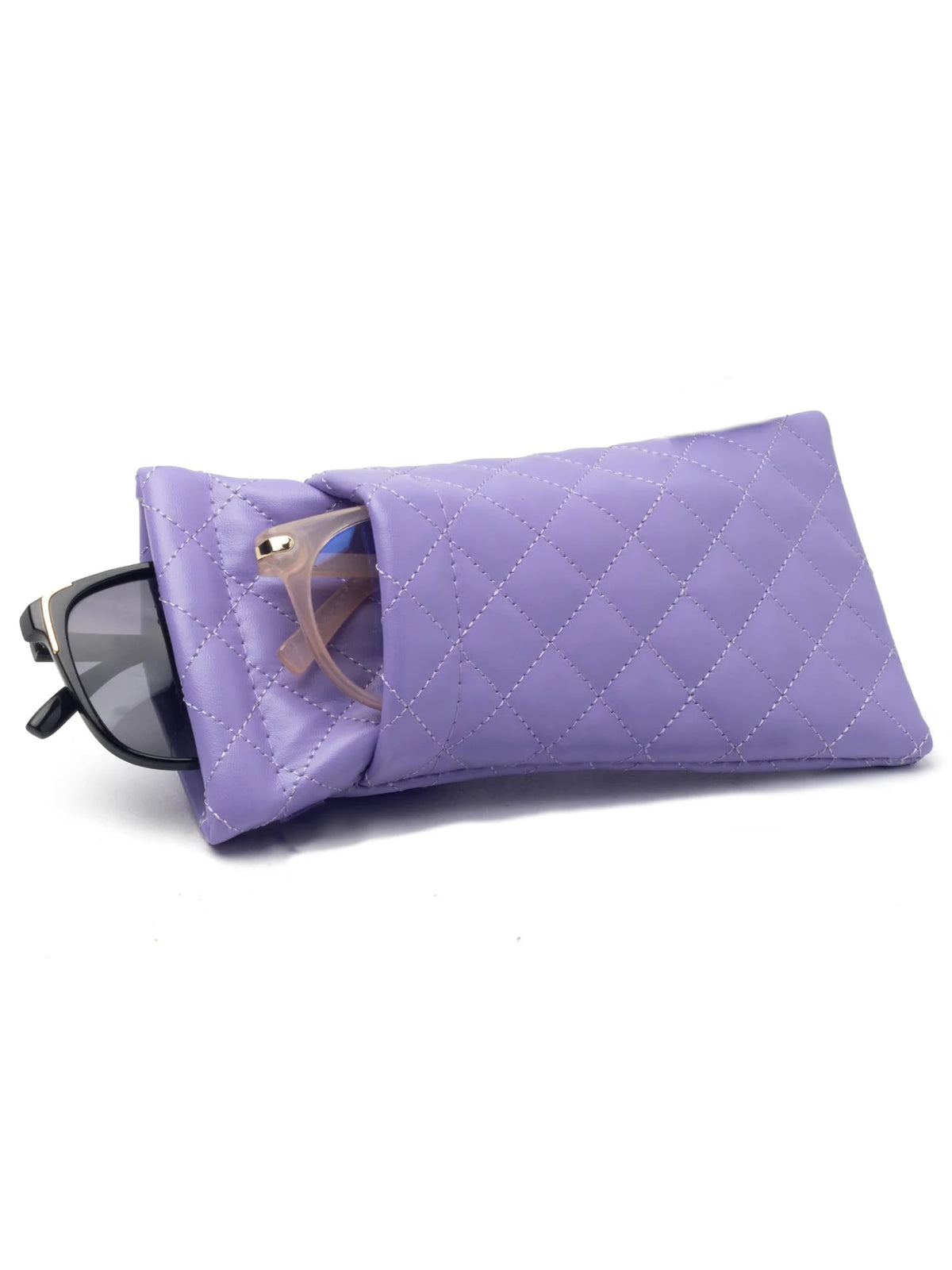 A purple quilted PU leather glasses case with a brown strap is shown against a white background.