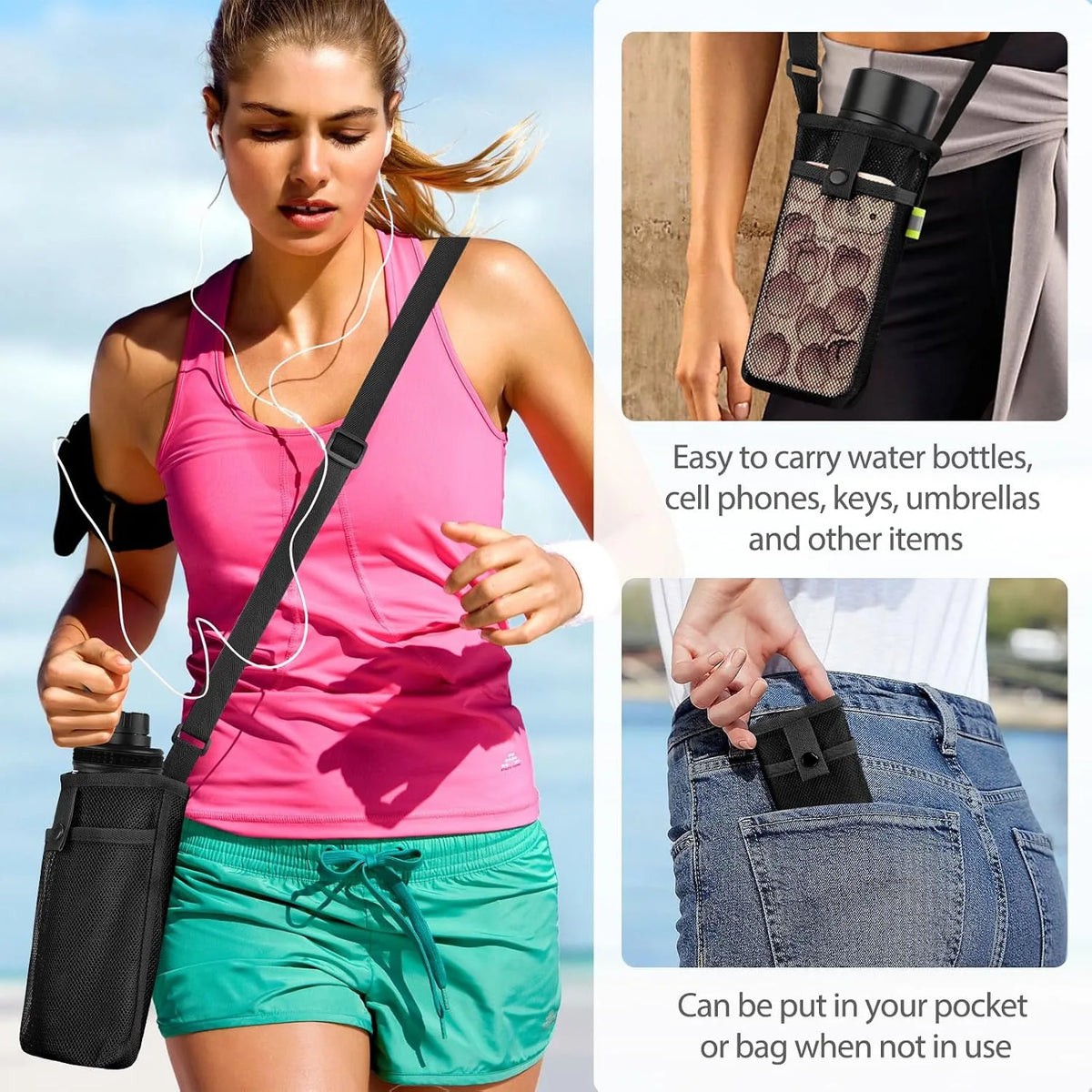 A woman wearing a pink tank top and green shorts is shown using a black crossbody sling water bottle bag.