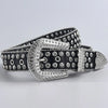 A black leather belt featuring a silver decorative Western buckle adorned with studs and rhinestones.