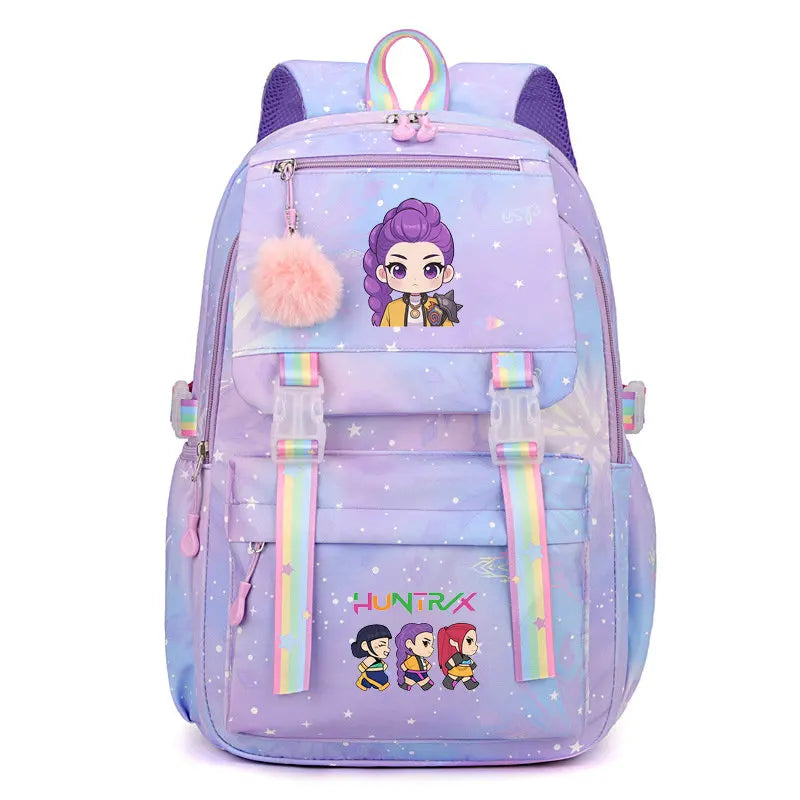 A purple and pink Jacquard laptop backpack featuring a stylized anime character design.