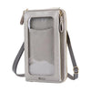 Hellgrabe Touchscreen-Crossbody-Handytasche mit klarem Fronttaschen und goldfarbenem Zierwerk.