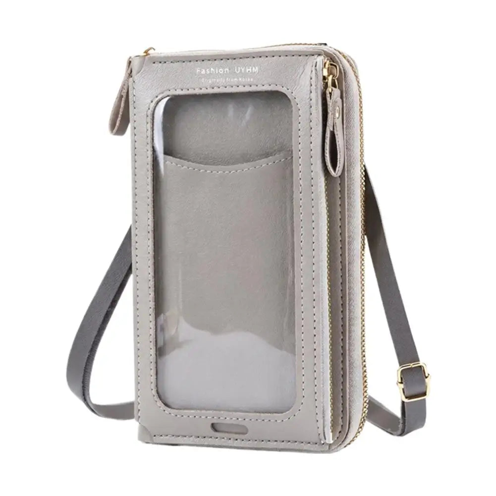 Hellgrabe Touchscreen-Crossbody-Handytasche mit klarem Fronttaschen und goldfarbenem Zierwerk.