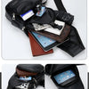 Sac bandoulière noir PU multifonction avec fermeture éclair, montré sous divers angles et compartiments.