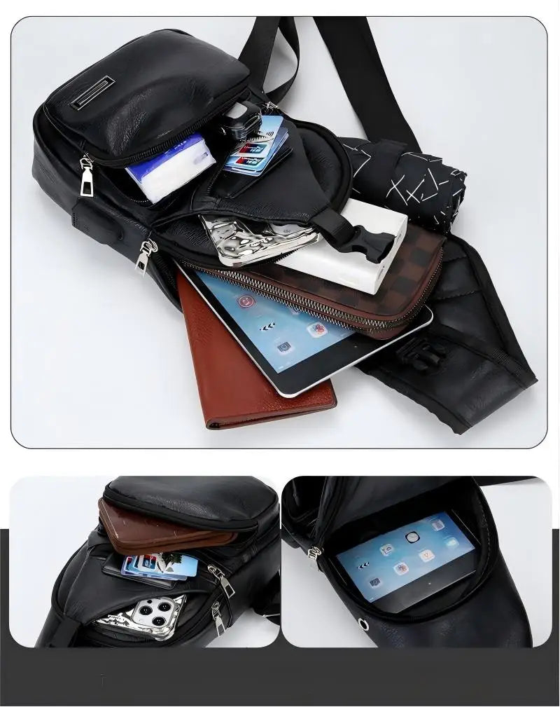 Sac bandoulière noir PU multifonction avec fermeture éclair, montré sous divers angles et compartiments.