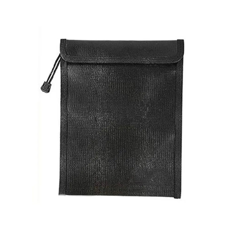 Black fireproof and waterproof document bag with a drawstring closure.