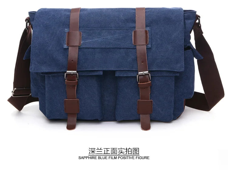 Sapphire blue canvas messenger bag with brown leather straps shown from the front.
