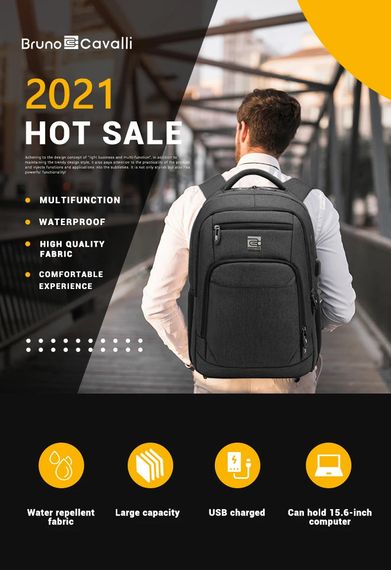 Ein Mann in einem weißen Hemd trägt einen schwarzen, robusten Laptop-Rucksack im Freien.