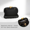 Black handwoven clutch evening bag with gold hardware shown in a top-down view.