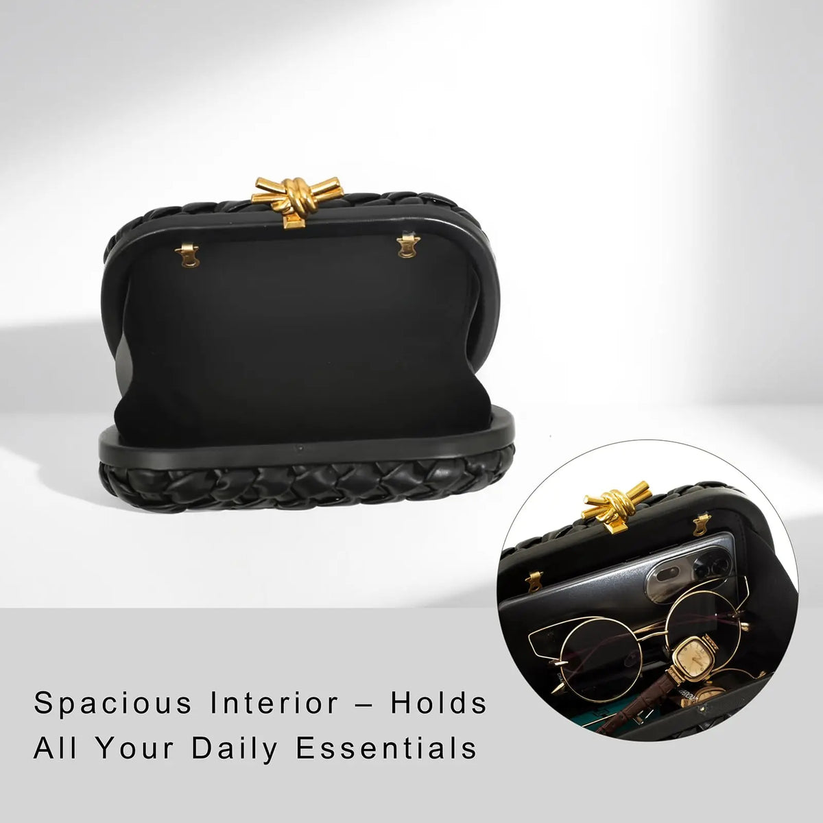 Black handwoven clutch evening bag with gold hardware shown in a top-down view.