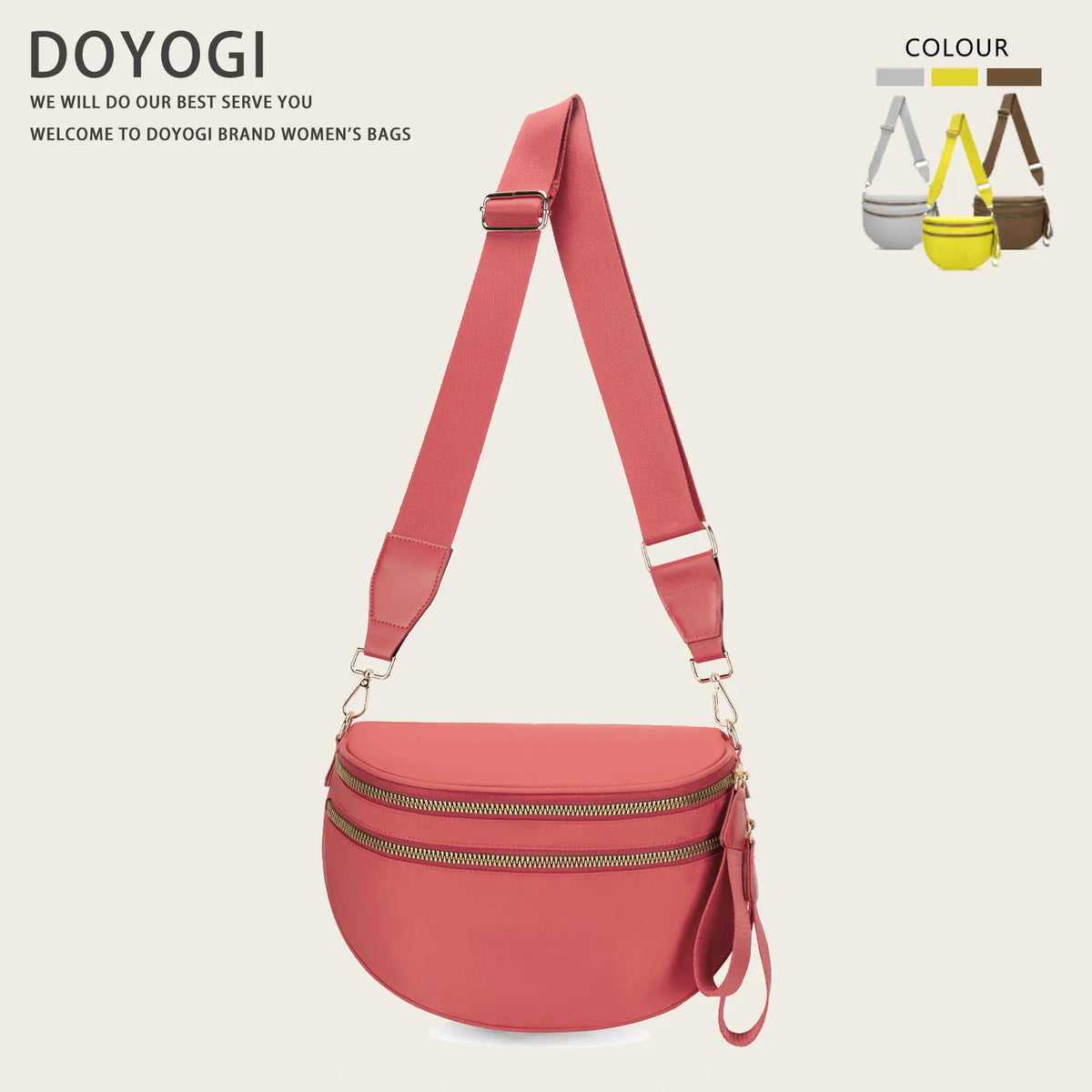 A pink nylon crossbody bag with a strap is displayed against a light background.