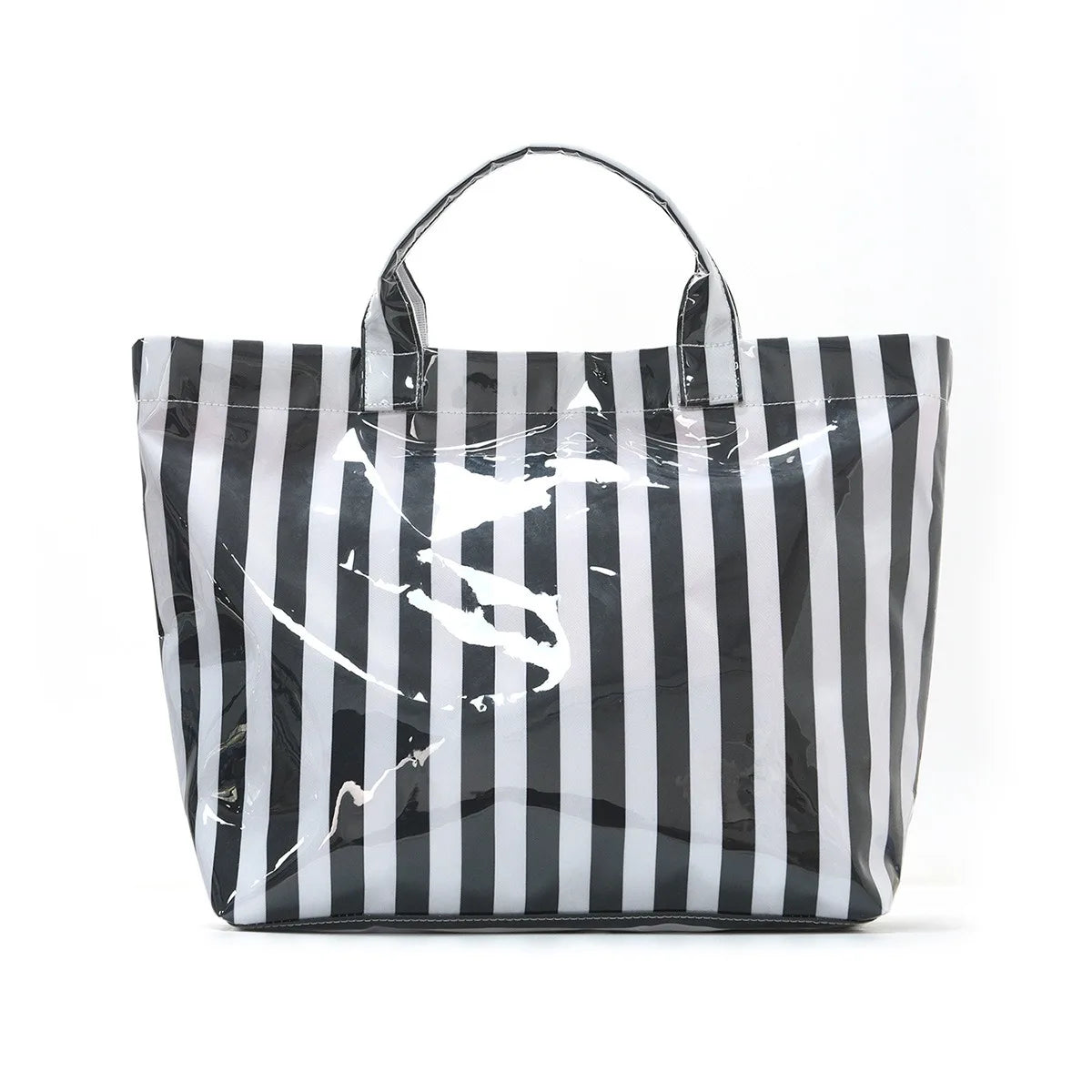 A black and white striped tote bag with handles shown against a white background.