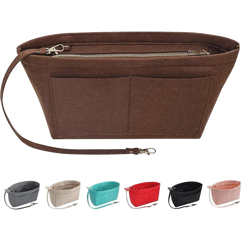 Bolsa cosmética de fieltro marrón con cremallera y bolsillo para organizar el bolso