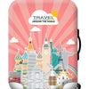 Pink suitcase with a travel theme featuring city skylines and a sunburst design