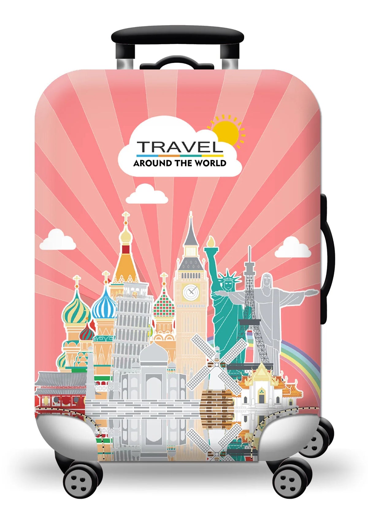 Pink suitcase with a travel theme featuring city skylines and a sunburst design