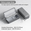 Bolsa portátil gris para organizar cables con tapa articulada junto a sus dimensiones desplegadas.