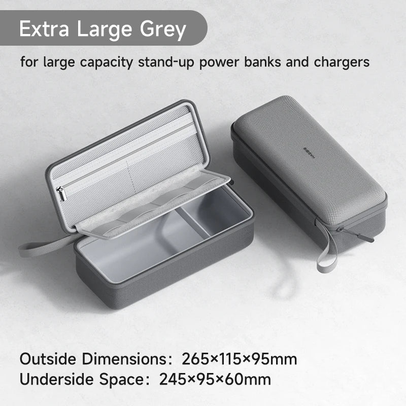 Bolsa portátil gris para organizar cables con tapa articulada junto a sus dimensiones desplegadas.