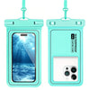 A teal waterproof phone case with a clear back showing a blue ocean scene and a matching strap.