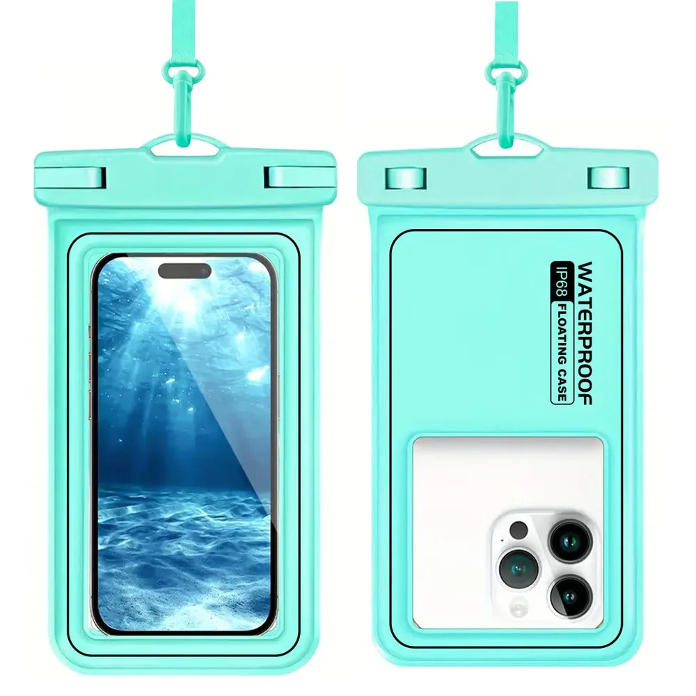A teal waterproof phone case with a clear back showing a blue ocean scene and a matching strap.