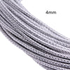 Close-up of a silver braided leather cord, 4mm in diameter.