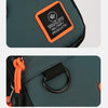 A dark teal nylon chest bag featuring an orange tag and a black drawstring closure.