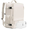 A beige 15-inch travel laptop backpack with a padded laptop sleeve and clear plastic storage pouch.