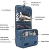 A navy blue portable toiletry washbag with a sturdy hook, featuring smooth zippers, mesh pockets, and storage compartments.