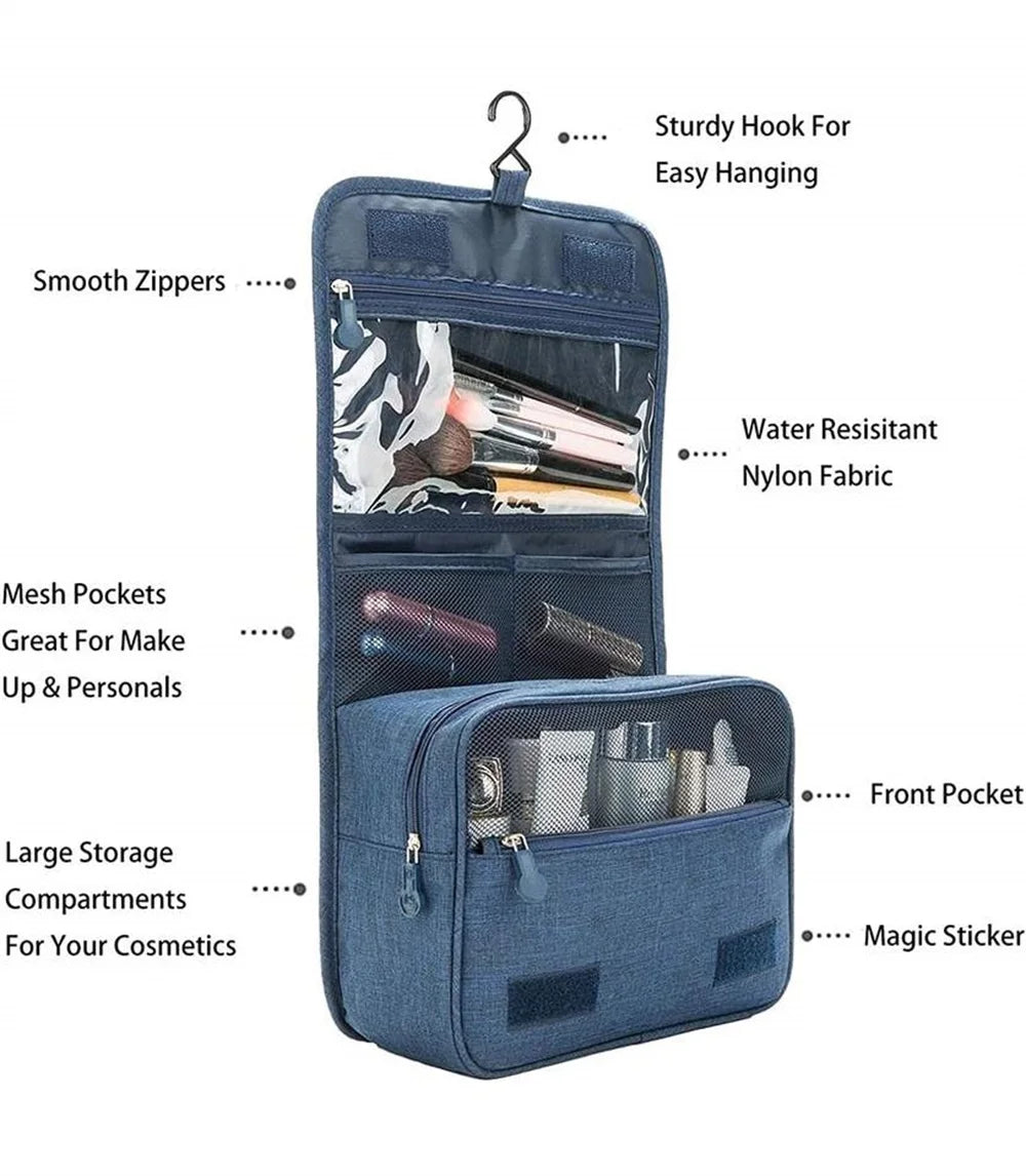 A navy blue portable toiletry washbag with a sturdy hook, featuring smooth zippers, mesh pockets, and storage compartments.