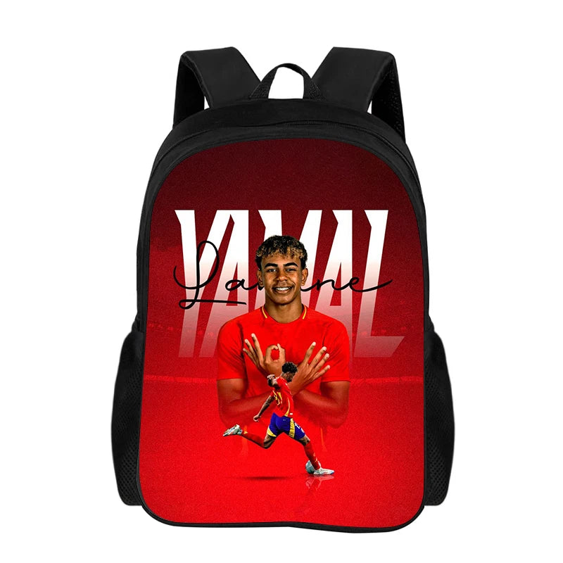 A red backpack with a black strap featuring the word YAMAL inside a graphic of a person.