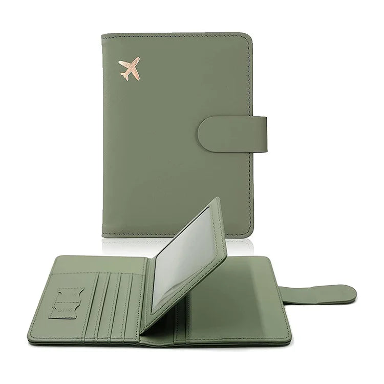 A green PU leather passport holder with credit card slots shown open and closed.
