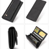 A black genuine leather women's wallet with RFID protection and a phone pocket shown from multiple angles.