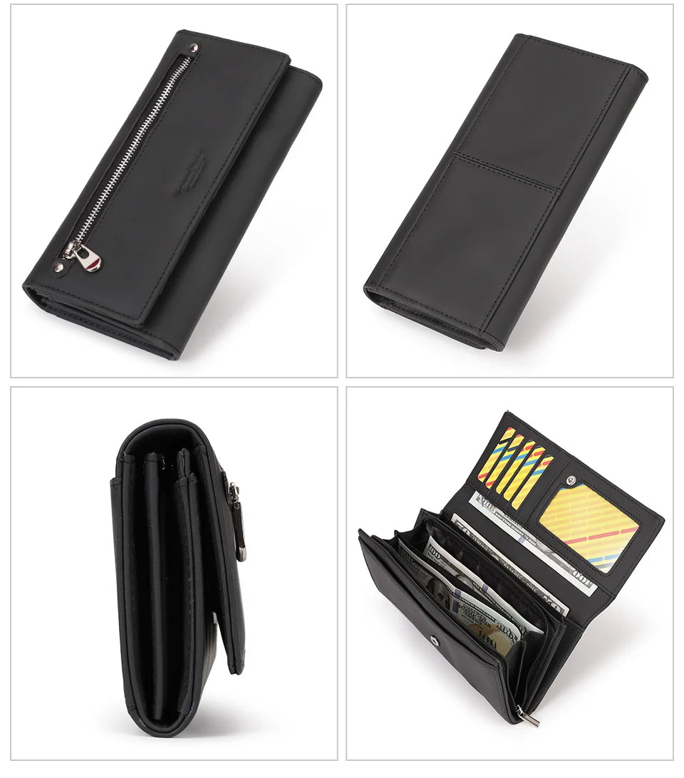 A black genuine leather women's wallet with RFID protection and a phone pocket shown from multiple angles.