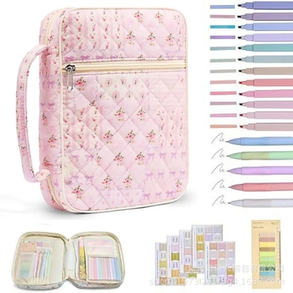 Pink quilted floral bible cover with a zipper and pen holder, shown closed and open.
