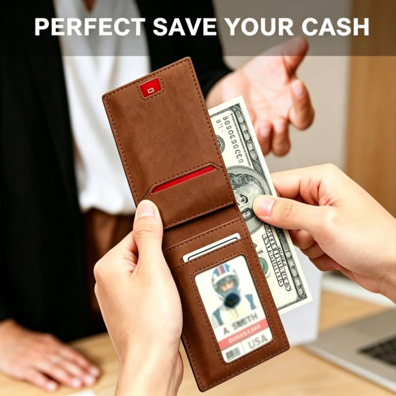 A hand is holding a brown slim RFID blocking credit card holder wallet with a credit card inside.