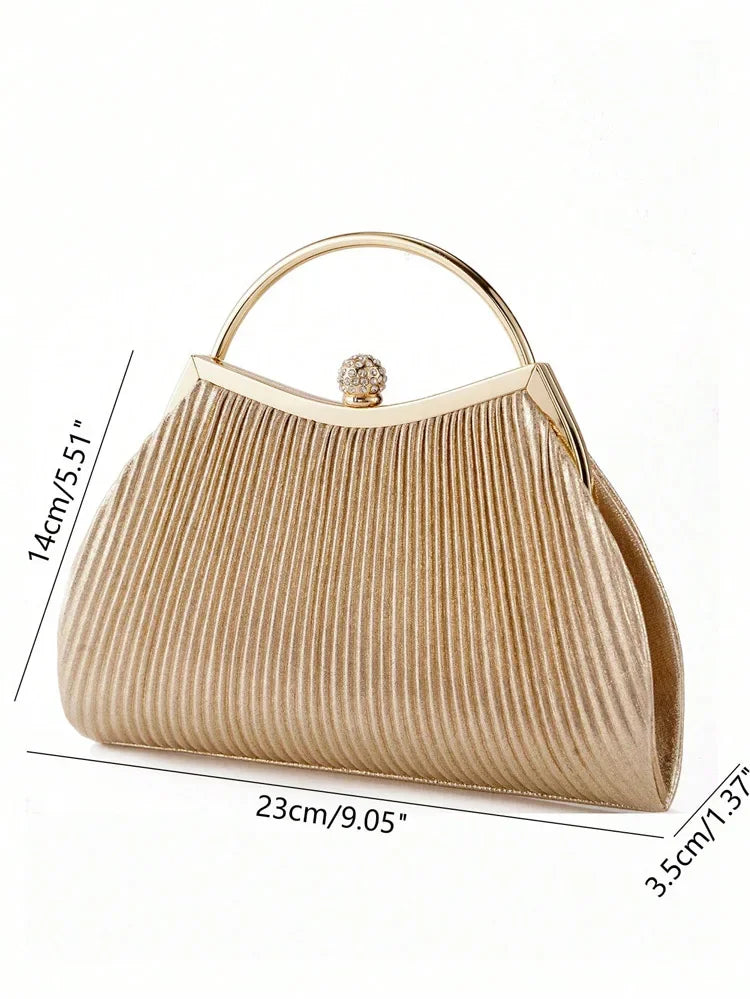 A beige pleated evening handbag with a gold top handle and chain strap shown in profile.