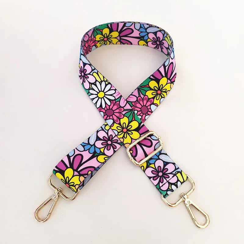 Sangle ajustable colorée à motifs floraux rose, violet et jaune pour sac à main.