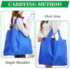 Demonstration of carrying methods for blue reusable grocery tote bags, including Over Arm and Single Shoulder.
