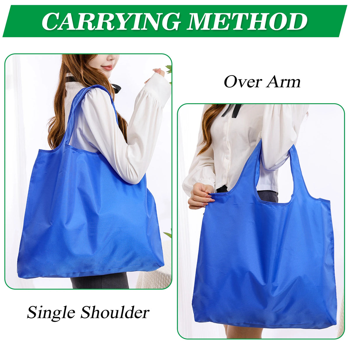 Demonstration of carrying methods for blue reusable grocery tote bags, including Over Arm and Single Shoulder.