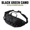 Black green camo tactical outdoor sling bag worn by a person.