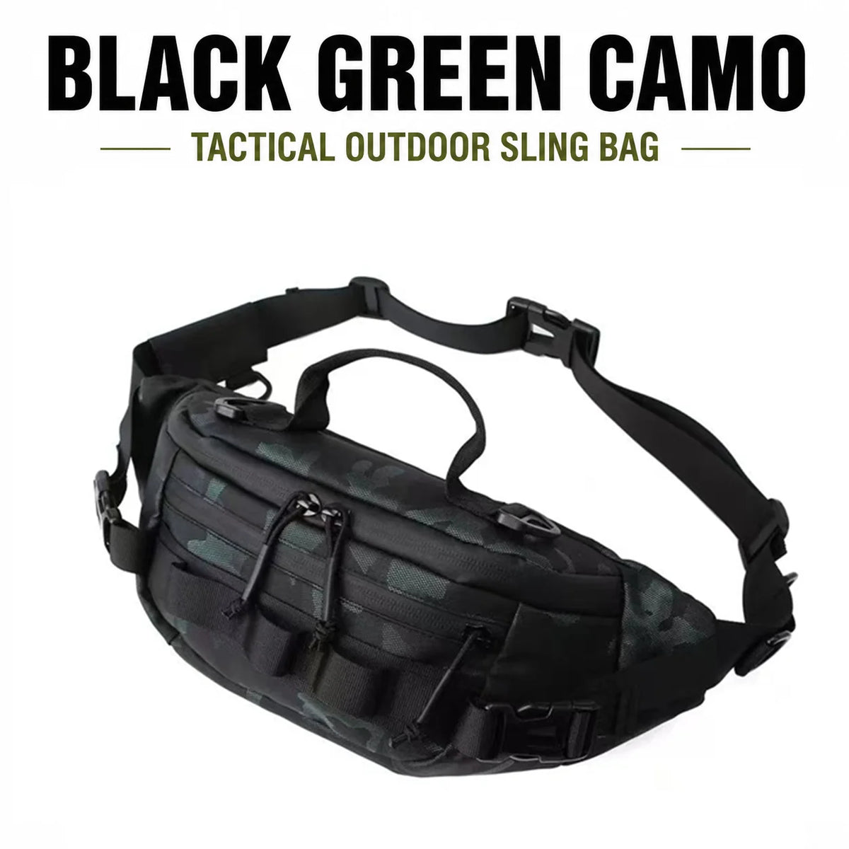 Black green camo tactical outdoor sling bag worn by a person.