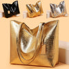A close-up of a gold metallic crocodile print zipper tote bag shown in various angles.