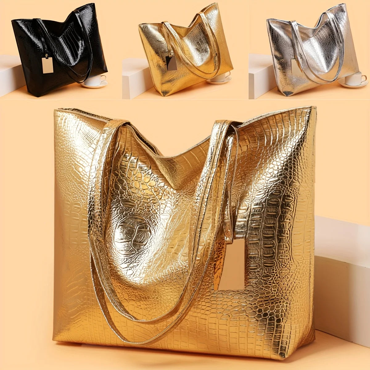 A close-up of a gold metallic crocodile print zipper tote bag shown in various angles.