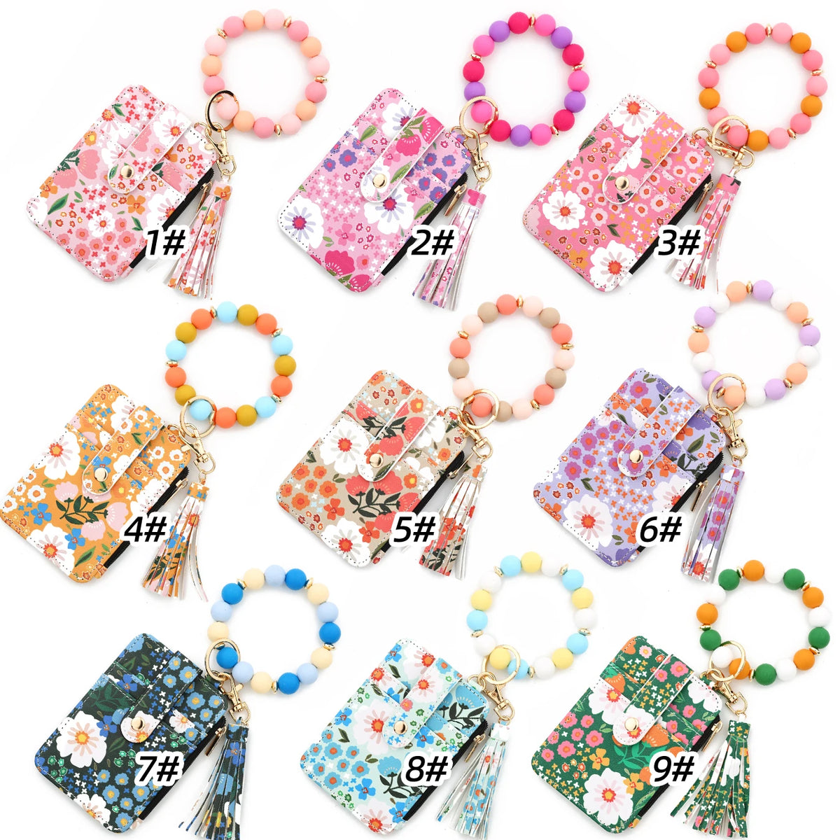 Carteras llavero de silicona PU floral rosa para identificación y tarjetas de crédito, en varios colores.