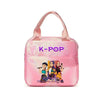 Pink insulated backpack featuring a K-Pop theme with illustrations of female performers.